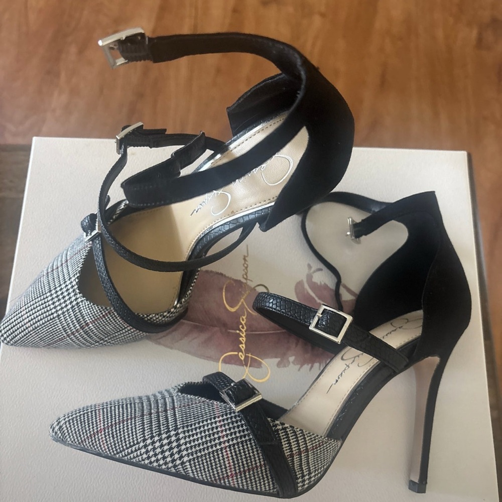 Jessica Simpson Black and Gray Plaid Pointed Toe Ankle-Strap Heels